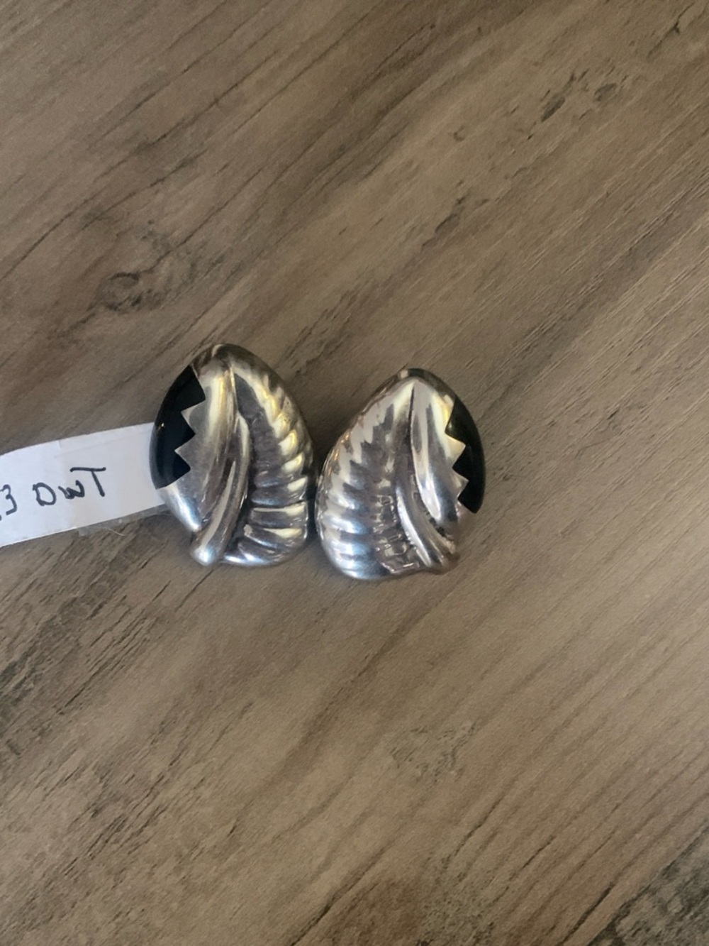 Silver Leaf Motif Earrings with Black Accent
